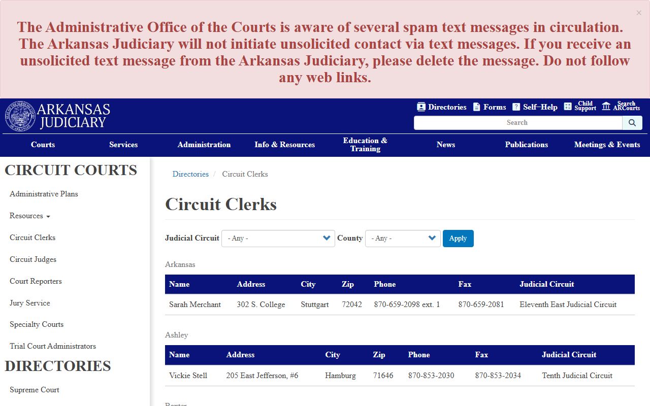 Arkansas Judiciary circuit clerk directory for Desha County court records