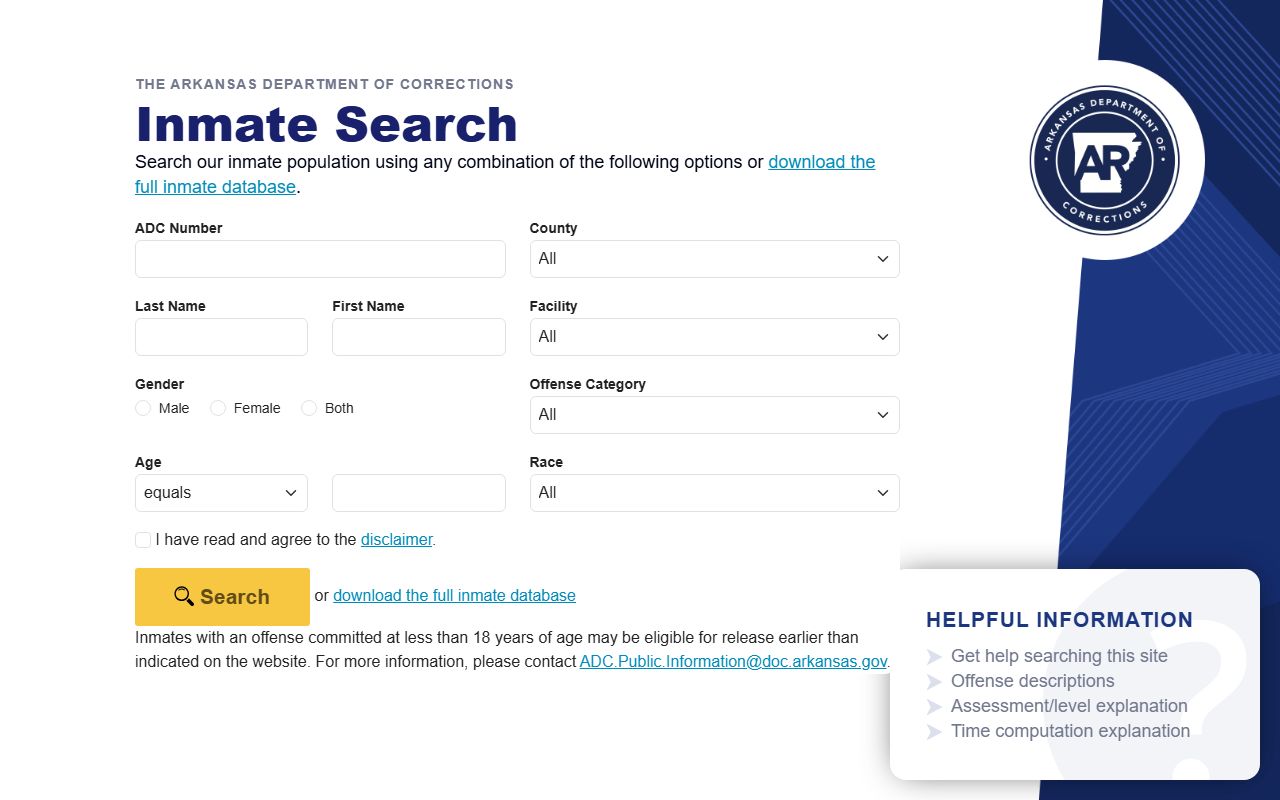 Desha County inmate lookup fields in the Arkansas DOC inmate search